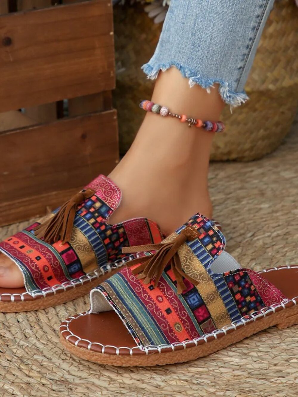 Printed Tassel Flat Sandals